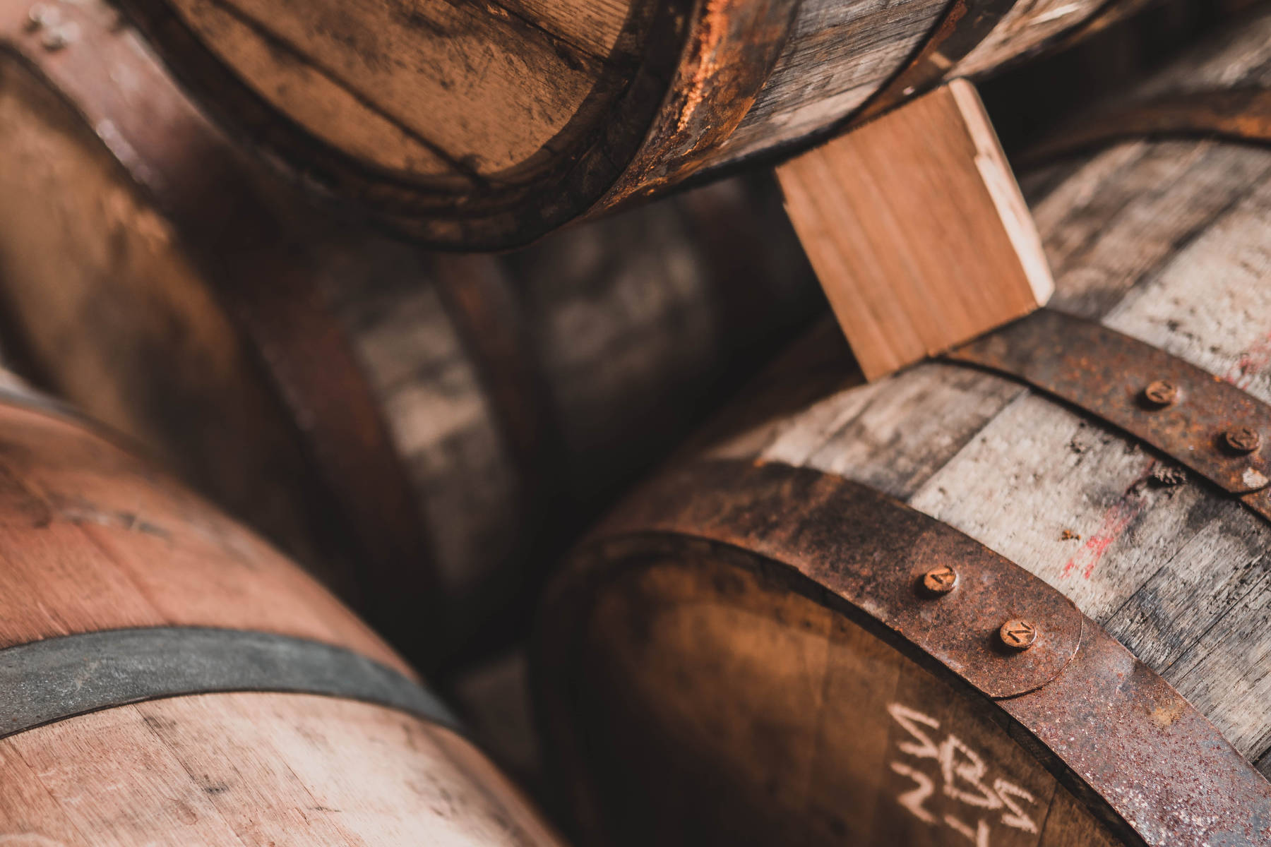 Close up of whiskey casks